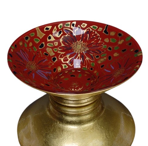 eglomise, Reverse painting on glass, gilded glass, glass bowl by Jan Maitland, 23K Gold Leaf, hand painted glass bowl, verre églomisé, gold and red glass bowl, janmaitland.com