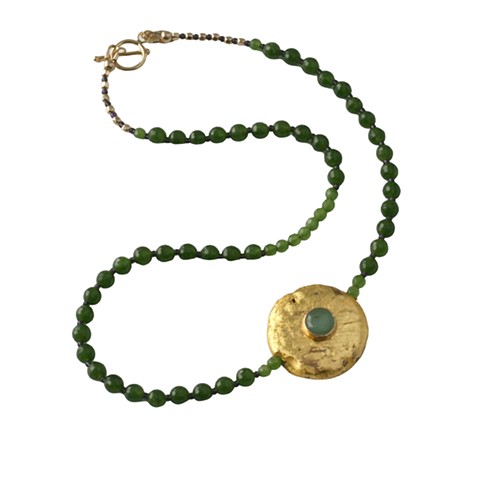 Jade and Gold Brooch Necklace, Faceted Jade and Gold Brooch Necklace with Cabochon Bezel, 23 Karat Gold Leaf on Flat Round Lava Stone, Gold Toggle Clasp, 18 Inches, gold and green, st patricks day, Easter jewelry, elegant statement, Jan Maitland, 