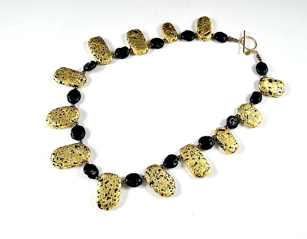 Sunflower Gold and Black Lava Necklace, gold gilded Jewelry, 23-Karat Gold Leaf on lava stone, Necklace, wearable art, gilded, lava stone, Jan Maitland