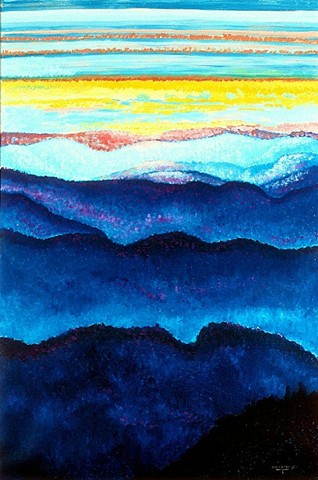 Northwest mountains Fine Art Print, Sky, Cascade Mountains, Giclee Print, Oil Painting By Jan Maitland, Landscape, Blue, Gold, Pink, Archival Print, janmaitland.com