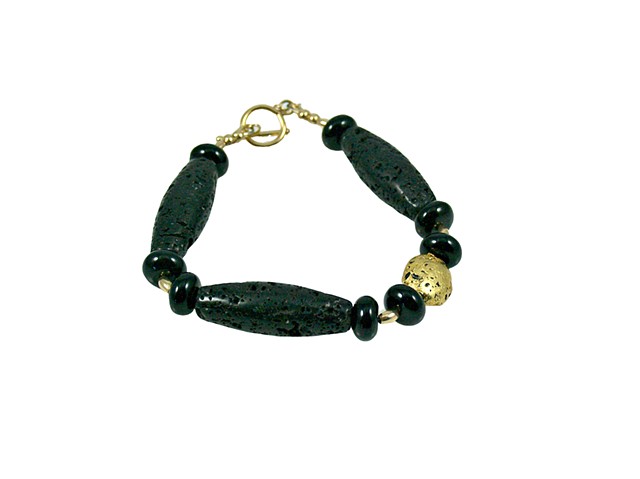 One For The Show Black lava and Gold Bracelet, Onyx, Volcanic stone, Bracelet in 23-Karat Gold Leaf, Black Lava, Gold and Onyx