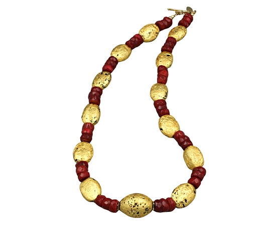 Perfect Harmony Red Coral and Gold Necklace, Gold and Coral Necklace, Gilded Stone, 23-karat, 18" Necklace