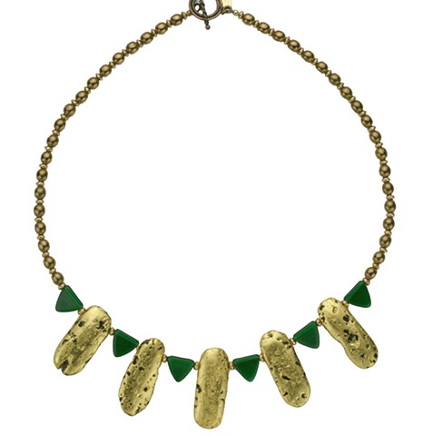 Desire Green Czech Glass and Gold Necklace, five gold pendants necklace with green Czech glass, gilded Jewelry, 23 Karat Gold Leaf on stone, gilded Necklace, wearable art, hand gilded, lava stone jewelry, necklace in 23 Karat Gold Leaf on Lava Stone with 