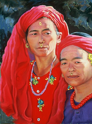 pastel painting of Nepalese women in red by artist Jan Maitland, janmaitland.com, pastel artist Jan Maitland,