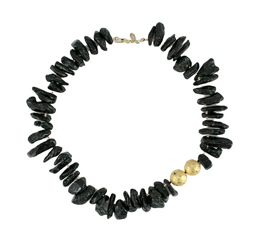 Solar eclipse necklace, tektite, 23 karat gold leaf, lava stone, gilded jewelry, Oregon Artist, Jan Maitland, Jan Maitland jewelry