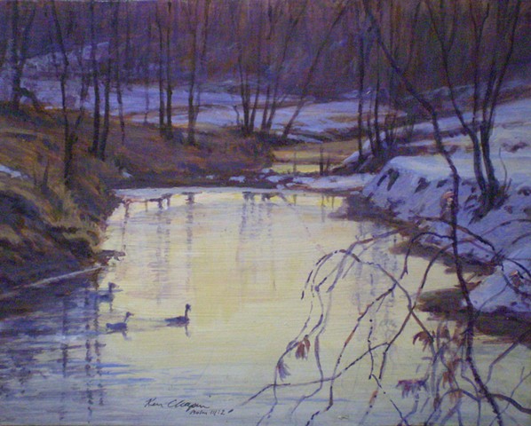 impressionistic landscape painting snow scene little blue river