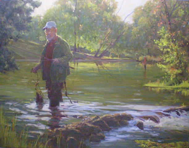 Impressionist Landscape Painting with Fisherman
