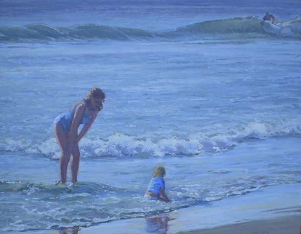 Impressionist Seascape Painting Mother and Child