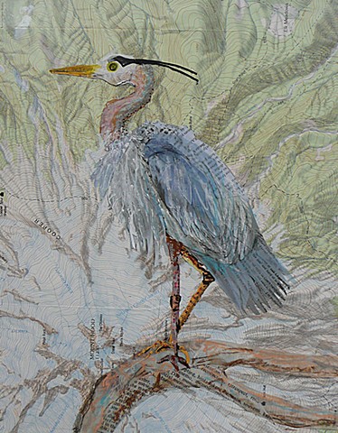blue heron mixed media on topographic map of Mt. Hood