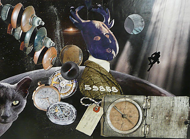 collage art showing mysterious images compass, gray cat