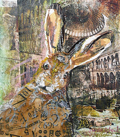 wild hare or rabbit made with collaged images from magazine