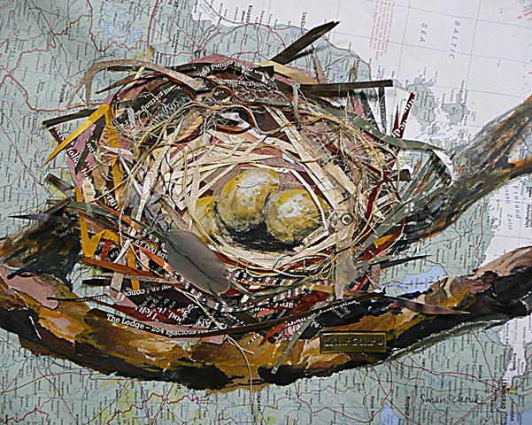 nest collage made with paper, string, yarn and found materials