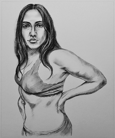 Charcoal drawing of woman measuring her waist in the mirror by Kelly Jane Smith-Fatten