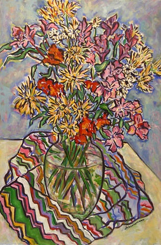 Spring Bouquet with Striped Cloth