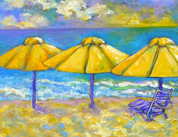 Beach Day with Yellow Umbrellas