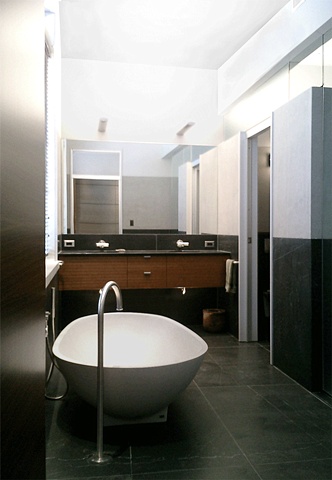 Washington Square Loft, agape spoon tub, modern minimalist master bathroom, by Doug Stiles Interior Design