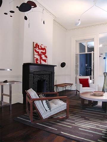 West Village Townhouse, back parlor, robert yoder painting,  serge mouille fixture, modern livingroom, by Doug Stiles Interior Design