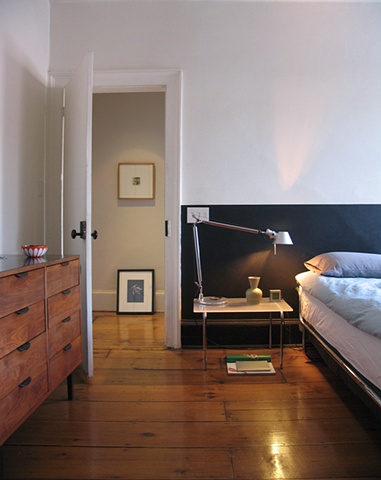 West Village Townhouse, modern bedroom, vintage chrome bed, cappellini table, wide plan flooring, by Doug Stiles Interior Design