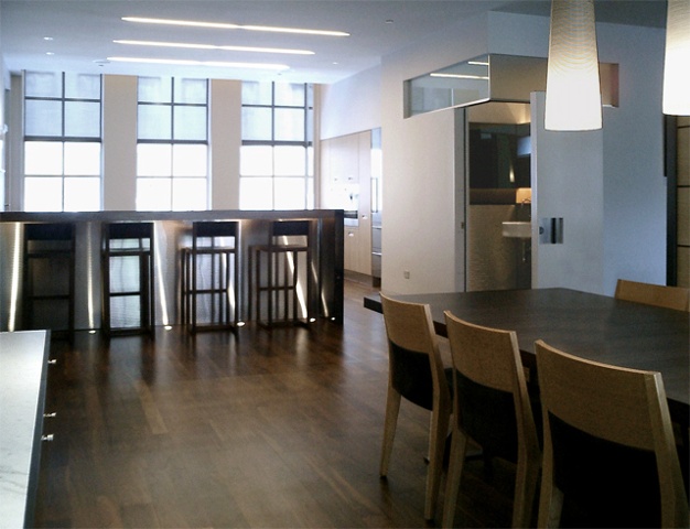 Washington Square Loft, modern minimalist kitchen, dining area, walnut floors, by Doug Stiles Interior Design