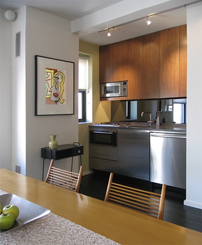 prewar penthouse apartment, modern minimalist kitchen, Lichtenstein print, paul McCobb table and shovel chair, by Doug Stiles Interior Design