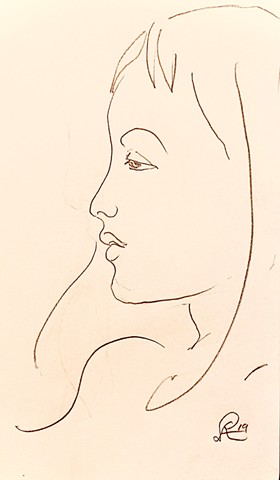 Elegant line drawing of a profile of a young girl executed in October 2019 for sale 