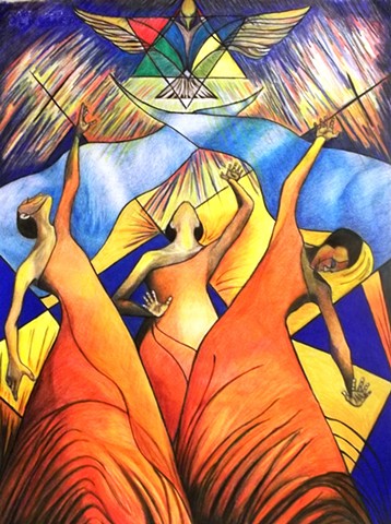 Praises is a drawing that was inspired by praise dancing, The vivid colors symbolize energy, movement and music, the dove above is symbolic of the Christ, peace and love.