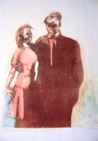 mono print of WWII couple of the 1940's