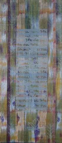 handwoven wall hanging, handpainted warp, nature inspired, Sept. 11, 2001, drawloom weaving by Kathie Roig