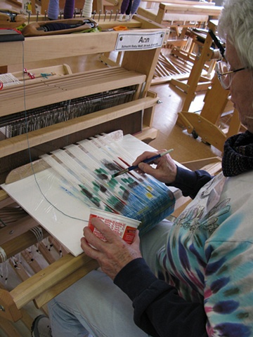 weaving classes, warp painting, on loom warp painting, weaving by Kathie Roig