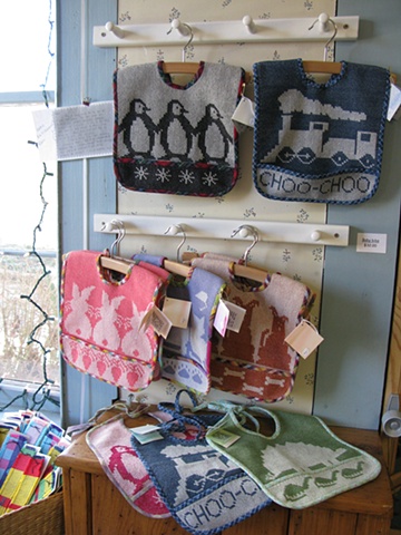 handweaving shop, gallery, baby bibs, cotton, animals, train, handwoven by Kathie Roig