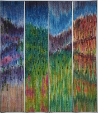 commissioned handwoven wall hanging, painted warp, north carolina mountains, drawloom weaving by Kathie Roig