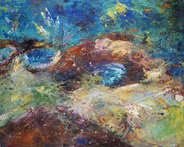 This painting consists of acrylics, torn shells, gel mediums, oils and oil pastels.