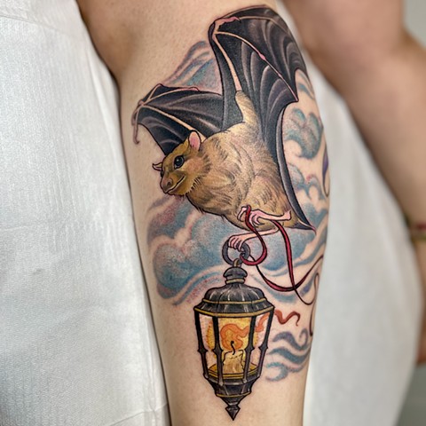 Laura Usowski, Laloba tattoo, ct tattooer, female tattoo artist, bat tattoo, bat and lantern, tattoo