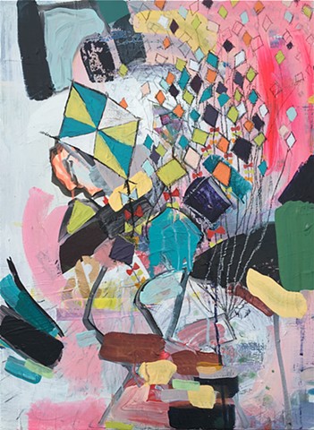 Abstract, Mixed media, pinks, greens, blacks, painting, kites, 