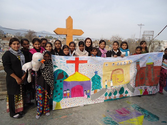 Mural 'Respect' painted by children in a shanty town of Islamabad