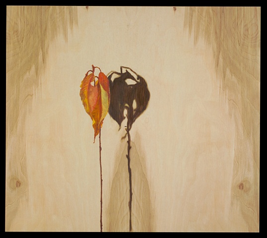 OIl on panel of dried fall leaves with shadow