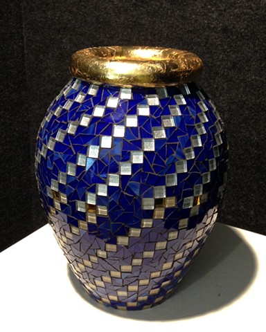 Stained Glass Vase with gold leaf rim.