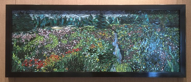 Stained Glass Mosaic, Floral, Meadow, Stream, Trees