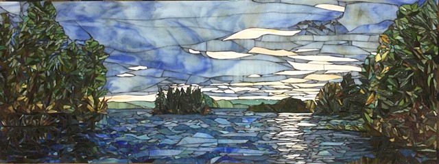 Stained Glass Mosaic, Landscape, Lake. Sunset