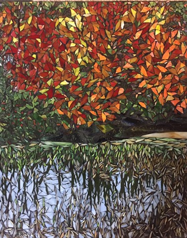 Stained Glass Mosaic, Landscape, Trees, Fall, Marsh, Cattails