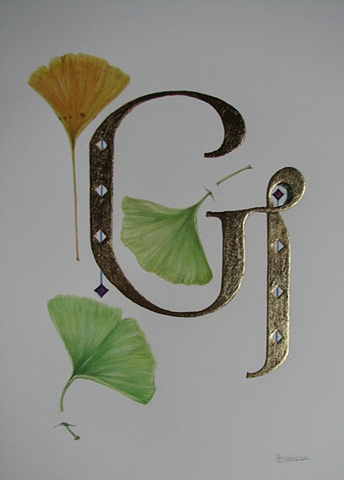 watercolor & gold-leaf on paper/ gingko leaves with initial