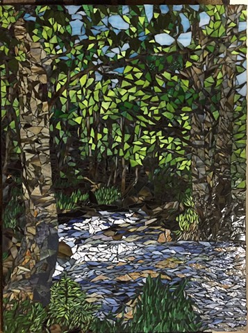 Stained Glass Mosaic, Landscape, Trees, Rocks, Creek