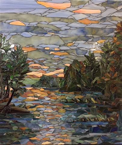 Stained Glass Mosaic, Landscape, Lake. Sunrise