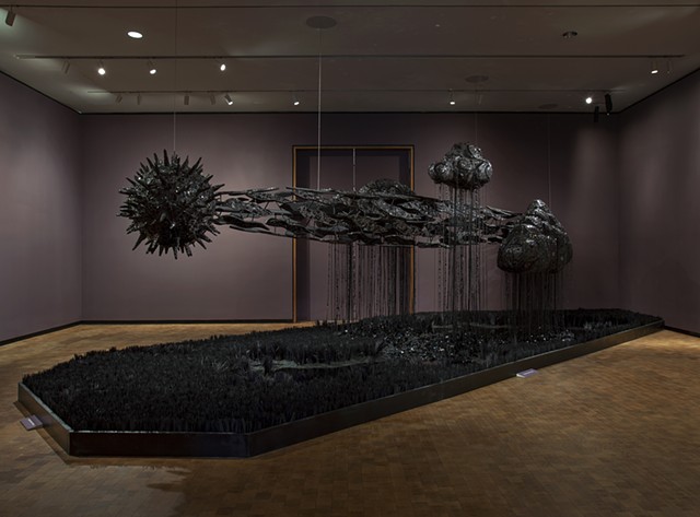 The totality of time lusters the dusk, 2020 glass, Swarovski crystal, quartz, obsidian, onyx, hematite, paper, Plexiglas, wood, cement, lath, and mixed media, dimensions variable, Photography by Ed Pollard. Courtesy of The Chrysler Museum of Art.