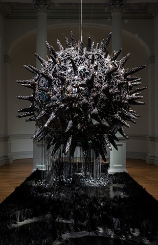 The totality of time lusters the dusk, 2020 glass, Swarovski crystal, quartz, obsidian, onyx, hematite, paper, Plexiglas, wood, cement, lath, and mixed media, dimensions variable, Courtesy Claire Oliver Gallery. Photo by Ron Blunt.