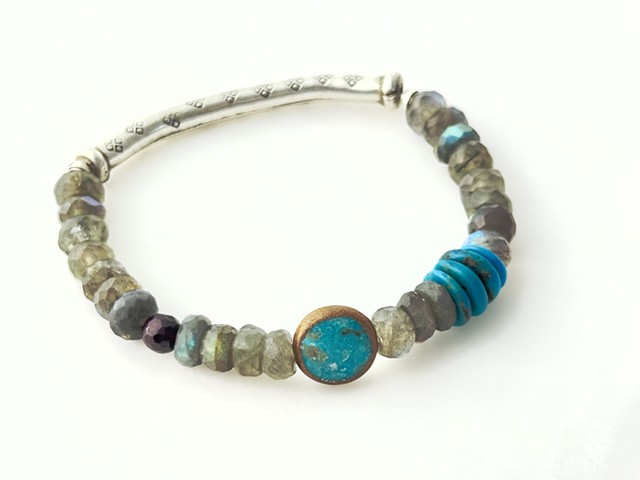 Labradorite, turquoise, garnet, sterling bead stretch bracelet