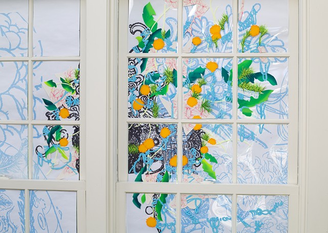 Wave hill, Installation, C-print, acetate, gouache and collage mounted on window panes