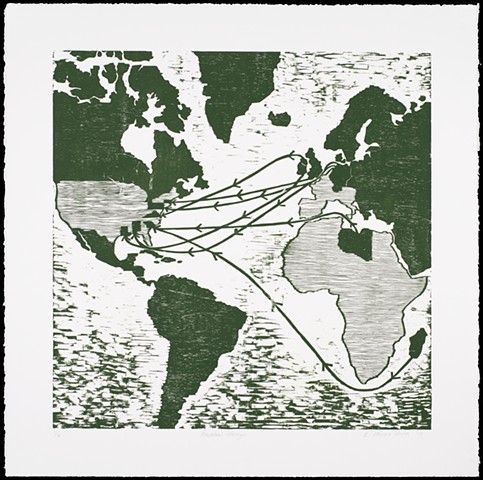 One layer woodblock print by Kristin Powers Nowlin of a world map tracing the artist's son's ancestors.