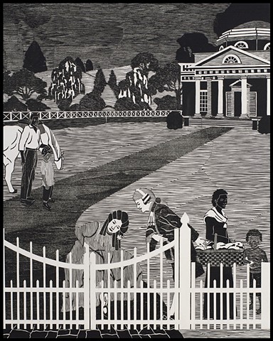 A collage of black and white woodblock prints by Kristin Powers Nowlin of figures in a plantation landscape.