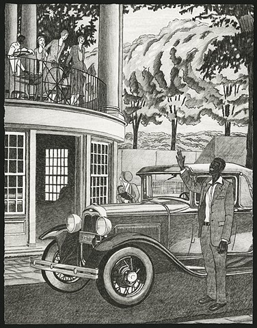 Black and white lithography print by Kristin Powers Nowlin of figures in a landscape based on a Ford ad from the 1930s.